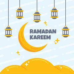 Ramadan Kareem greeting Concept with moon, lanterns, and clouds illustration