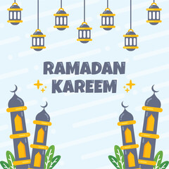 Ramadan Kareem greeting Concept with mosque, moon and lanterns illustration