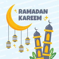 Ramadan Kareem greeting Concept with mosque, moon and lanterns illustration