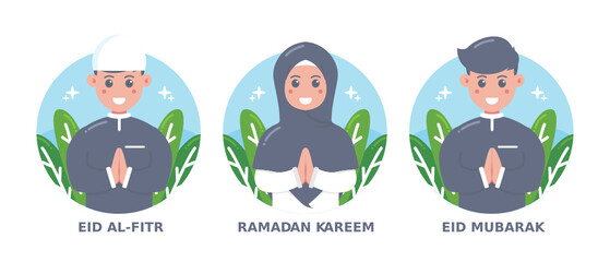 Cute girl and boy moslem celebrating eid mubarak cartoon