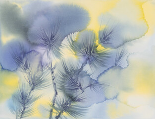 pine tree branches in color background watercolor