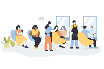 Barbershop interior with hairdressers and clients. Man and woman sitting on chairs, people waiting in queue flat vector illustration. Beauty, occupation concept for banner or landing web page
