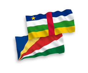 National vector fabric wave flags of Central African Republic and Seychelles isolated on white background. 1 to 2 proportion.
