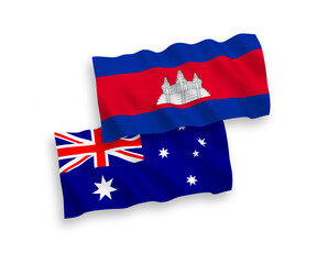 National vector fabric wave flags of Australia and Kingdom of Cambodia isolated on white background. 1 to 2 proportion.