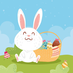 rabbit and eggs in basket