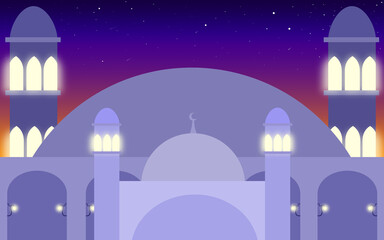a flat illustration showing the beauty of the mosque at sunset, with a lively and peaceful atmosphere.