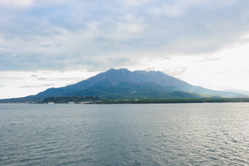 Sakurajima island view in Kagoshima prefecture from ship.