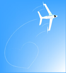 illustration of an airplane in the sky. A white plane in the blue sky draws a heart.