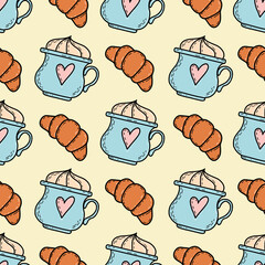 Seamless vector pattern with cute coffee cups and croissants cartoon illustration with fun heart