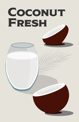 Advertising banner with the image of glass with coconut. Coconut milk in glass. Organic vegan nut milk in glass. Advertising poster with the image of glass with coconut