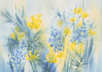 Blue and yellow spring flowers watercolor background