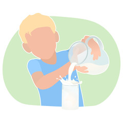 A blond boy pours milk into a glass.