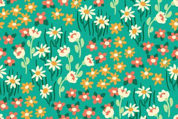 Seamless pattern with cartoon meadow. Floral print with a field of daisies, simple small flowers, leaves, grass. Cute botanical background in modern style. Vector illustration.