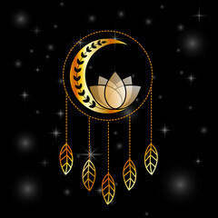 Mystic lotus dream catcher with feathers and foliage in gold	