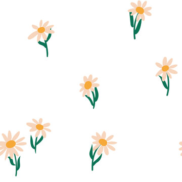 Simple seamless pattern with cartoon chamomile flowers on a white background. Cute floral print, trendy botanical background. Vector illustration.
