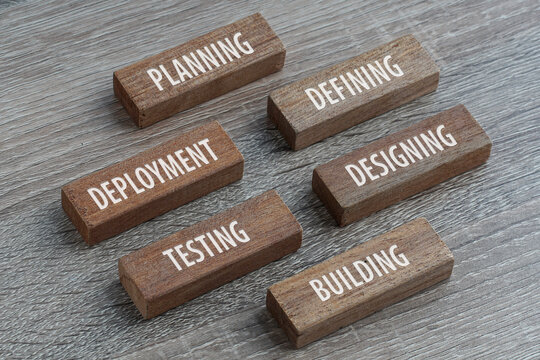 Software Development Life Cycle step on a wooden block. Planning, Defining, Designing, Building, Testing and Deployment