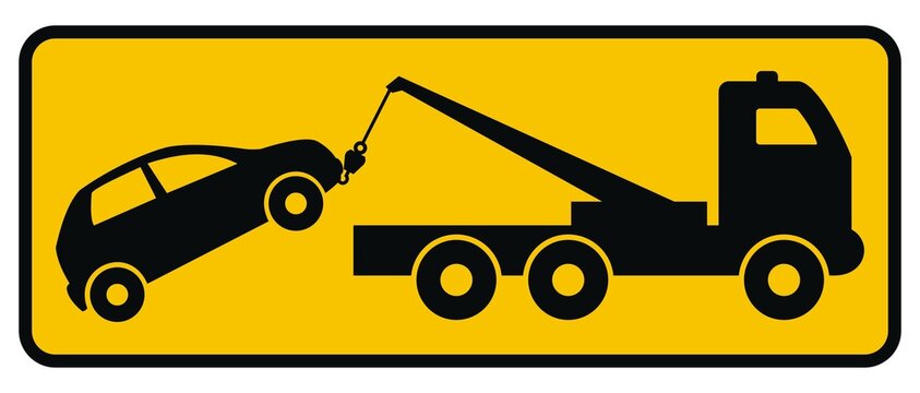 Towing service, truck with crane. Towing service tows the car. Black vector road sign on yellow background, black frame. 
