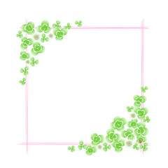 クローバーの花と葉のフレーム⑩正方形_手描き線枠_ピンク
