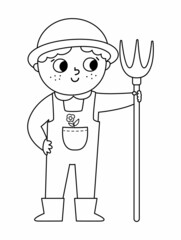 Vector black and white farmer with hayfork icon. Cute kid doing agricultural work. Rural outline country character. Child gathering hay. Funny farm illustration or coloring page .