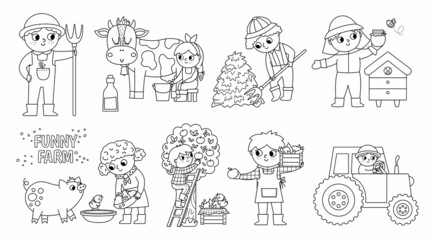 Vector black and white farmers set. Cute kids doing agricultural work. Rural outline country scenes. Children gathering hay, feeding animals, milking cow. Farm coloring pages.