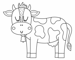 Vector black and white cow icon. Cute cartoon diary or milk pet line illustration for kids. Farm animal isolated on white background. Cattle picture or coloring page for children.