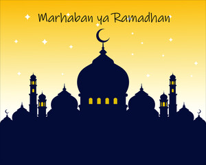 Marhaban ya ramadhan in mosque background for wallpaper and celebration card template
