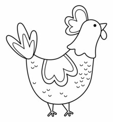 Vector black and white hen icon. Cute cartoon chicken illustration for kids. Outline farm bird isolated on white background. Animal picture or coloring page for children.
