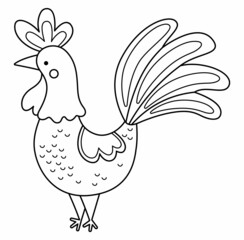 Vector black and white rooster icon. Cute cartoon cockerel illustration for kids. Line farm bird isolated on white background. Animal picture or coloring page for children.