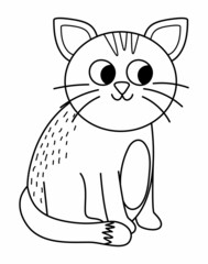 Vector black and white cat icon. Cute cartoon sitting kitten illustration for kids. Farm or domestic animal isolated on white background. Line pet picture or coloring page for children.