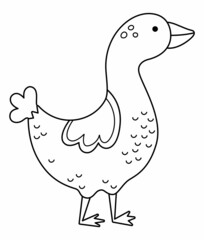 Vector black and white goose icon. Cute cartoon gander illustration for kids. Farm bird isolated on white background. Line animal picture or coloring page for children.