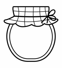 Vector black and white honey jar line icon isolated on white background. Cute rural glass pot tied with blue checked cloth. Outline beekeeping farm illustration or coloring page.