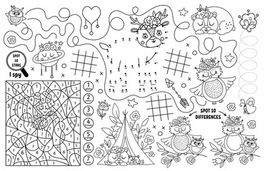 Vector mothers day placemat for kids. Family love and peace printable activity mat with maze, tic tac toe charts, connect the dots, find difference. Boho black and white play mat or coloring page.