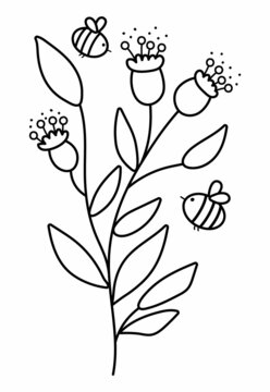 Vector black and white flowers with bees. Funny outline illustration or coloring page with bumblebees pollinating plants. Honey insects with greenery line icon..