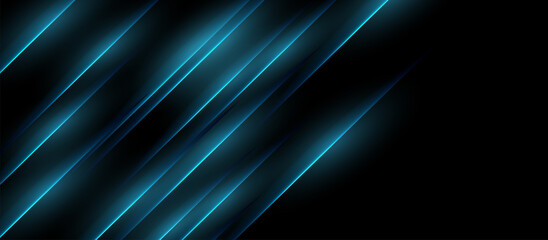 Abstract black corporate background with blue glowing neon lines. Technology vector design