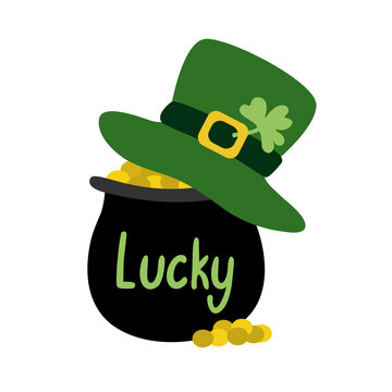 Green leprechaun hat and pot of gold St. Patrick's day symbol. Cartoon  vector illustration isolated on white. Great for greeting cards, pub invitations, posters.