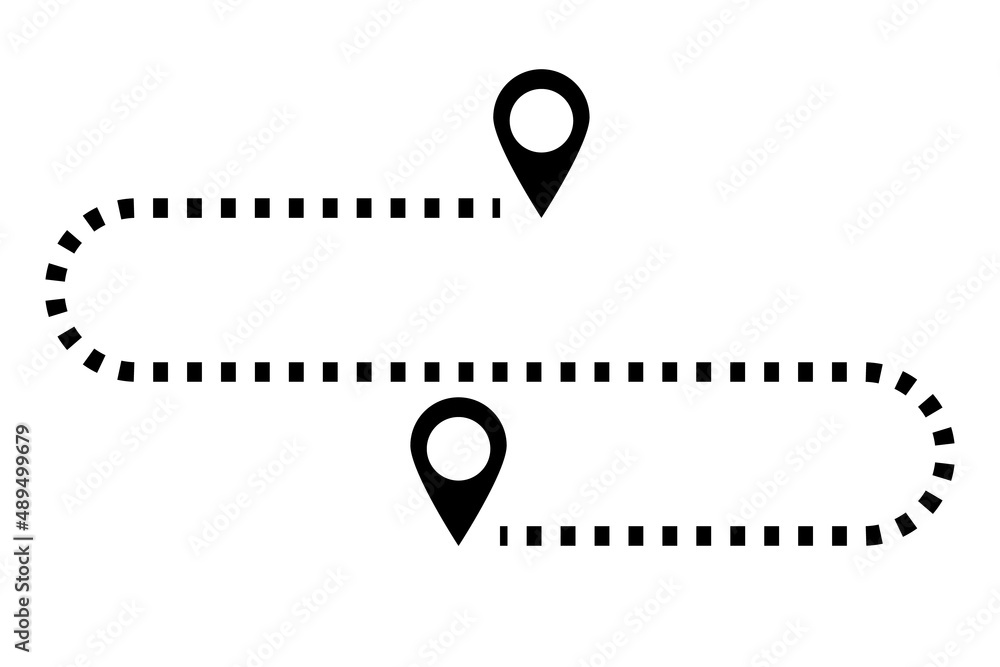 Poster a dotted line connecting a map pin to a map pin. distance. editable vectors.