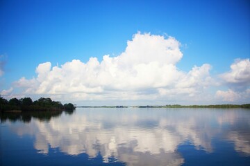 Reflection of white clouds in blue sky in river.