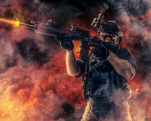 Combative soldier with rifle shooting against fire explosions