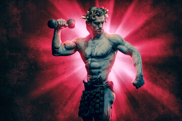 Artwork of greek muscular man lifting dumbbell against red flash