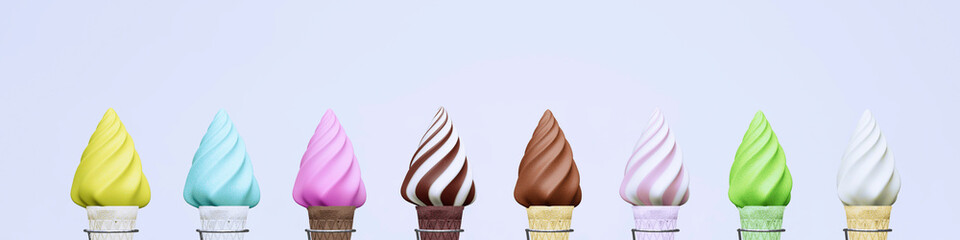いろんな味のソフトクリーム（マンゴー、ハワイアンブルー、イチゴ、チョコとバニラ、チョコ、イチゴとバニラ、抹茶、バニラ）、3dイラスト