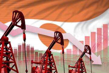 lowering down chart on Niger flag background - industrial illustration of Niger oil industry or market concept. 3D Illustration