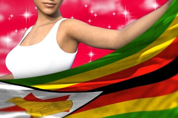 young woman holds Zimbabwe flag in front on the red colorful clouds - flag concept 3d illustration - obrazy, fototapety, plakaty