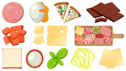 Collection of food ingredients on white background