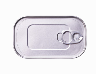 Fototapeta na wymiar Canned fish sealed tin can with easy openable lid on white background, top view.