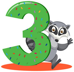 Raccoon holding the number cartoon character isolated on white background