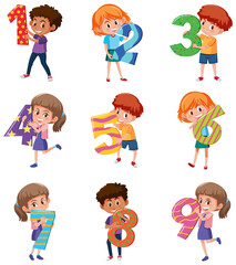 Set of different children holding the numbers isolated on white background