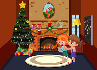 Living room decorated for christmas with family members