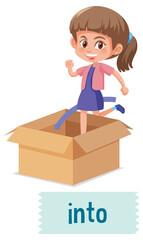 Preposition of place with cartoon girl and a box