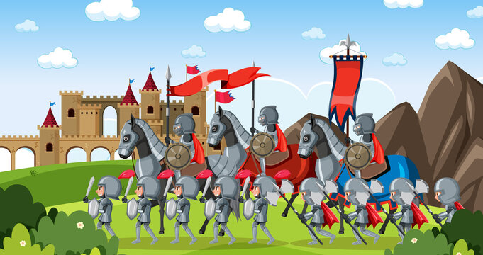 Medieval outdoor scene with armoured knights army