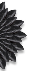 A composition of small garden shovels, black in color, imitating flower petals, assembled in a circle isolated on a white background, a place to copy. Located on the side, on the half of the circle.